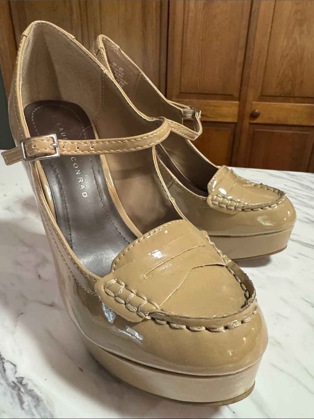 LC Lauren Conrad Patent Mary Jane Platform Heels in Tan